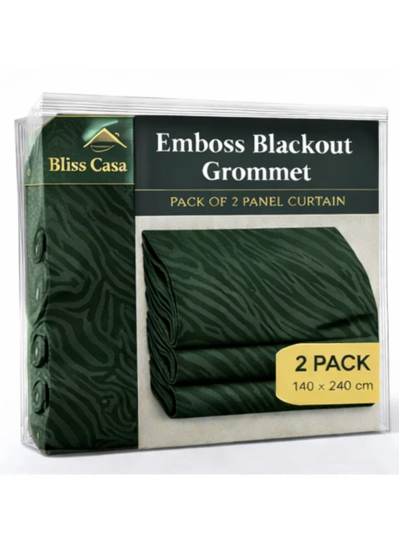Bliss Casa Bliss Casa Embossed Blackout Curtain Panels 140×240 cm – Thermal Insulated, Noise Reducing, Light & UV Blocking Grommet Drapes for Bedroom & Living Room, 2-Panels (Dark Green)
